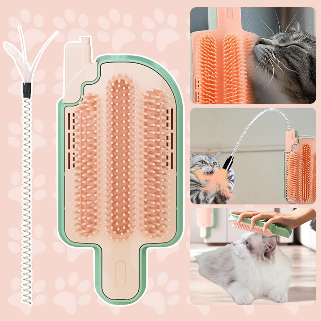 Qpets Cat Brush for Grooming and Play with Feather Wand | Wall Mounted Self Groomer Set
