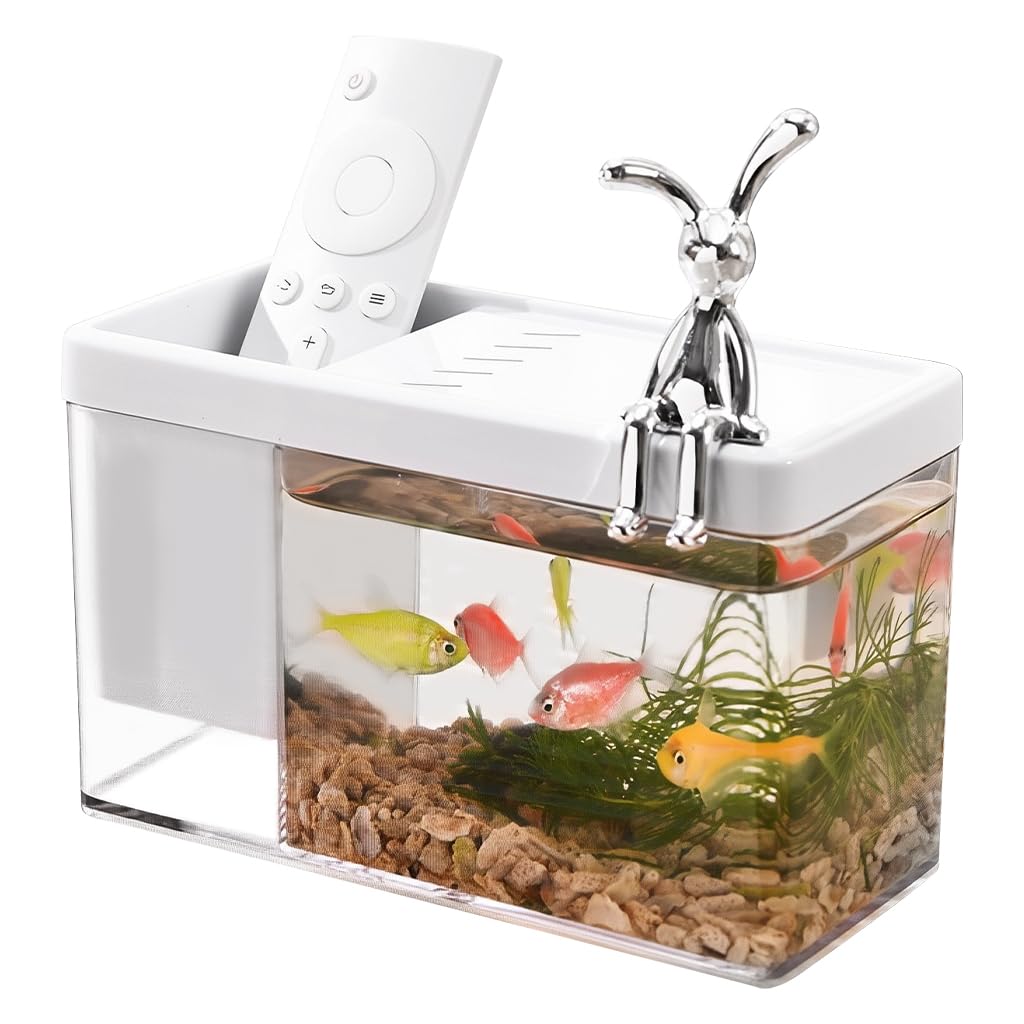 Qpets Compact Desk Betta Fish Tank for Home and Office Decor featuring Slotted Roof and Built in Storage 17.1x8x10.5cm