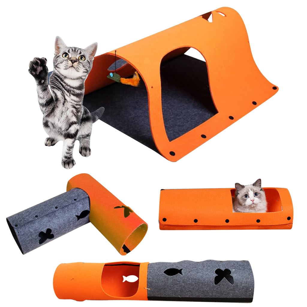 Qpets Felt Cat Tunnel for Play and Hiding with Transformable Felt House 52x70cm | Set of 2