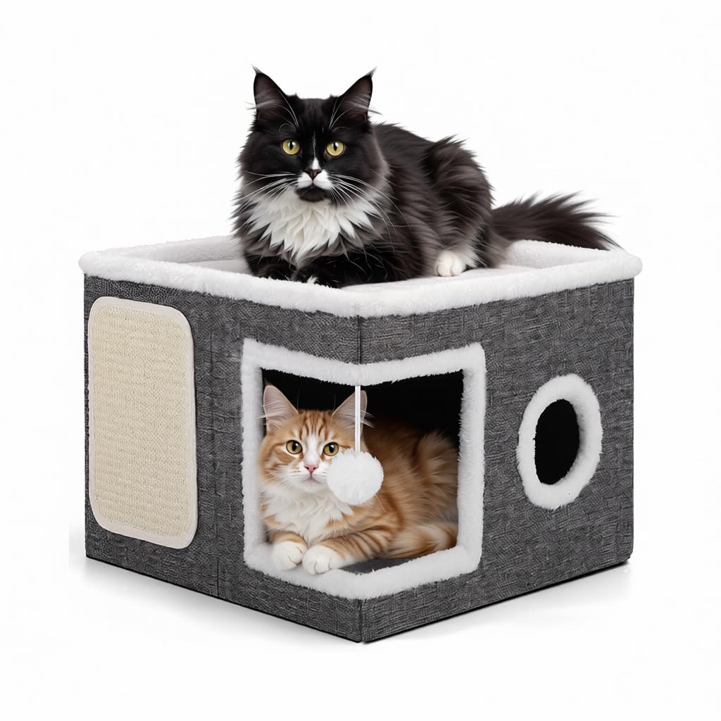 Qpets® Cat Scratcher House - Hideout with Scratching Roof & Hanging Toys, Multi-Entry Playhouse for Indoor Cats, Space-Saving Cardboard Activity Center