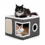 Qpets® Cat Scratcher House - Hideout with Scratching Roof & Hanging Toys, Multi-Entry Playhouse for Indoor Cats, Space-Saving Cardboard Activity Center