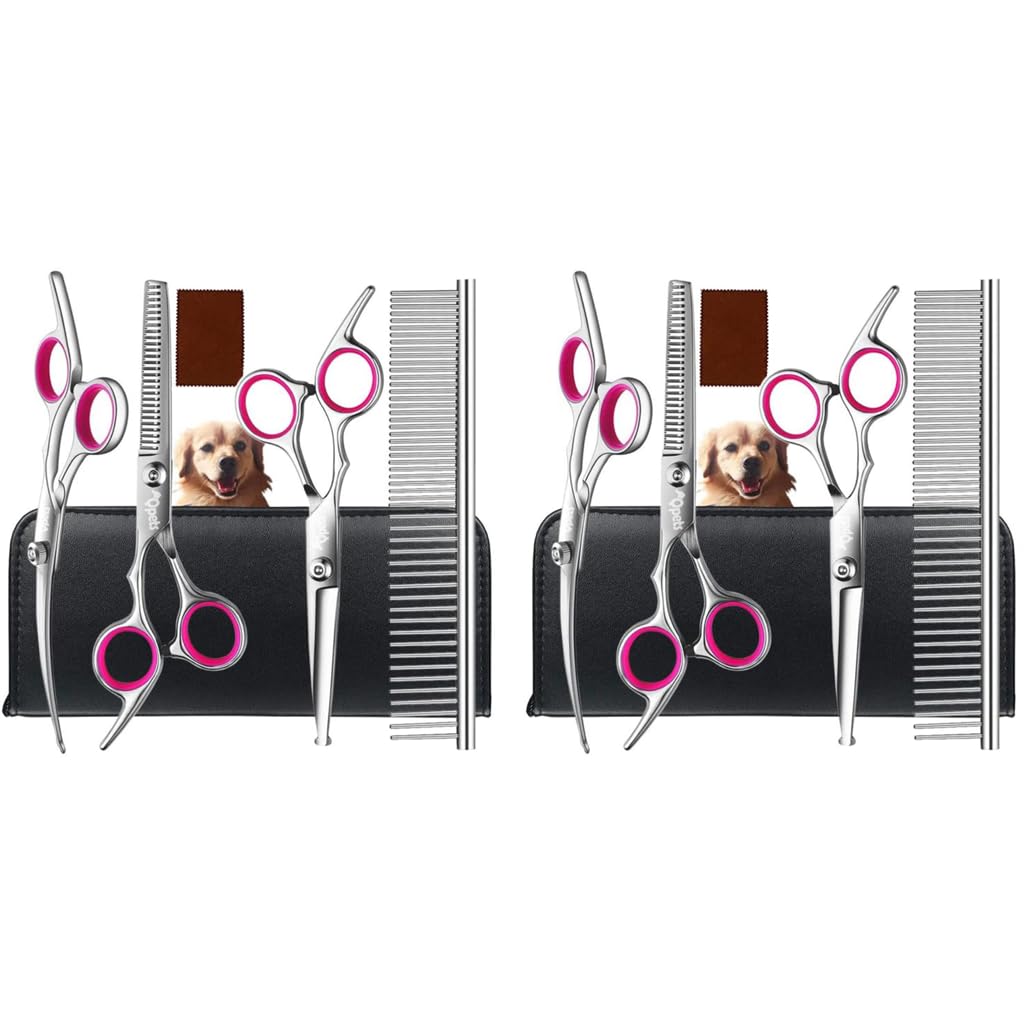 Qpets Dog Grooming Scissors Kit with 6.5 in Shears and Adjustable Screw | Stainless Steel Round Tip Safety Set for Pet Hair Cutting