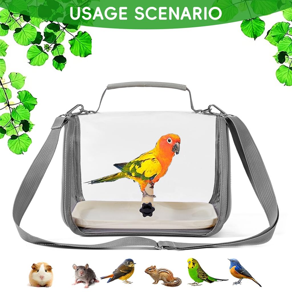 Qpets Parrot Carrier Bag for Travel with Ventilated Mesh and Transparent Window | PC and Nylon Pet Transport with Tray and Perch Stick