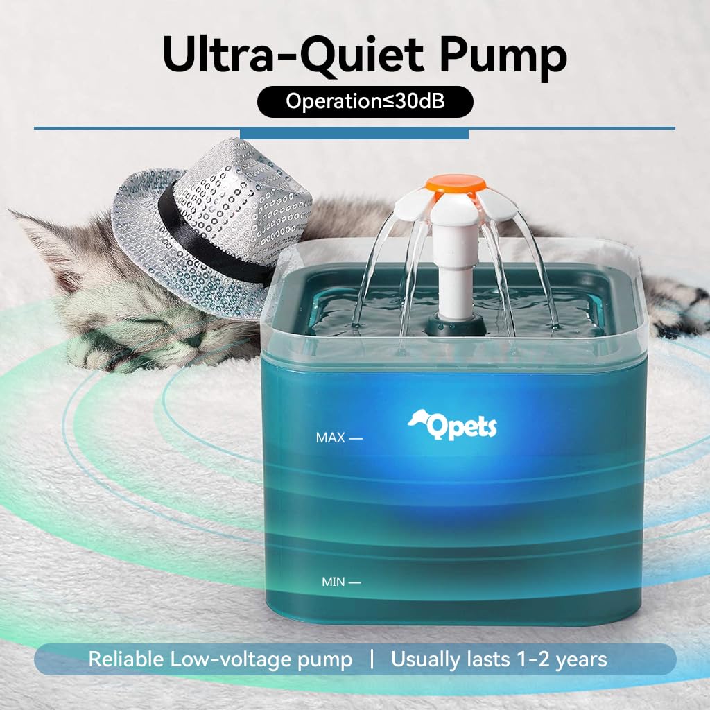 Qpets Cat Water Fountain for Cats and Small Dogs with 2.2L Capacity and Ultra Silent Pump | Cute Floral LED Dispenser in Green