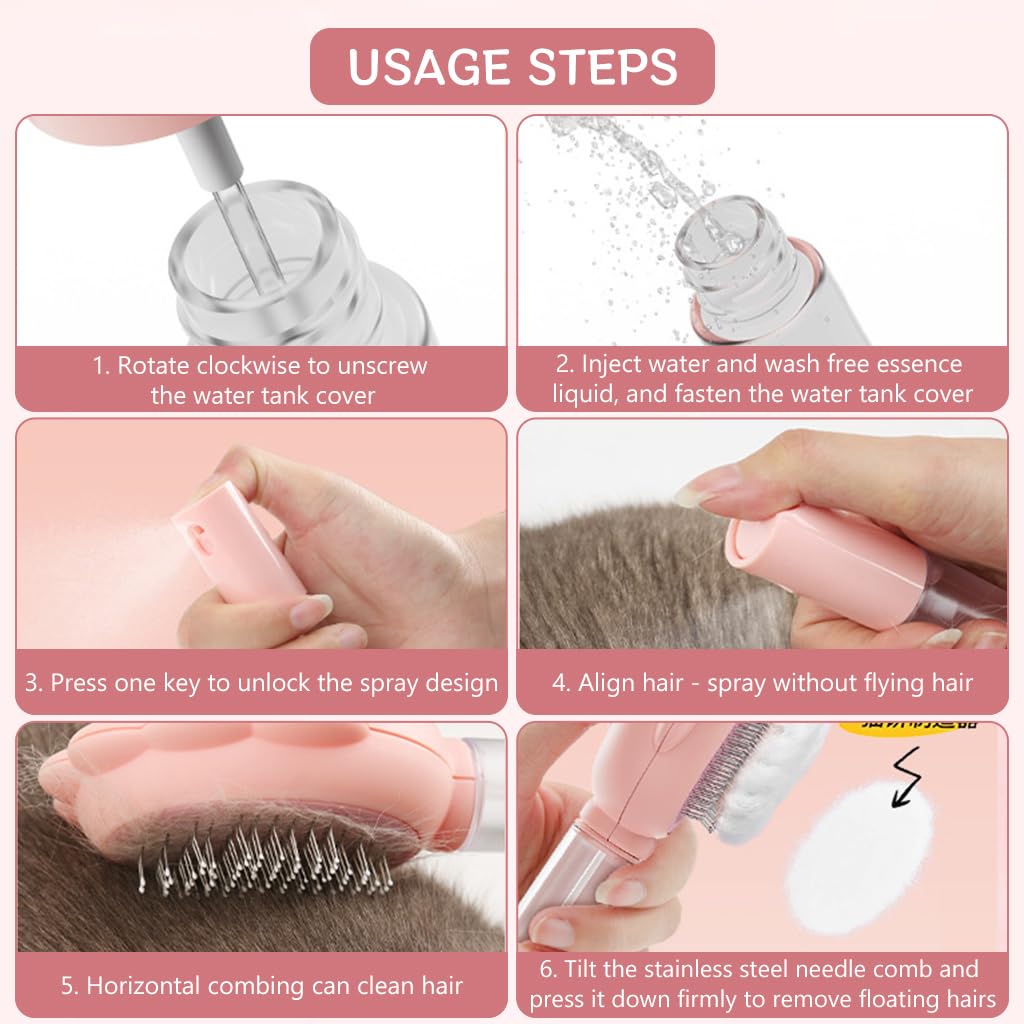 Qpets® Cat Hair Brush, Sprayer Dog Brush, Dog Comb Cat Comb, Pet Grooming Brush Shedding Hair Brush with Long Handle, Manual Water Addition Pet Hair Brush for Dogs Cats, Pink