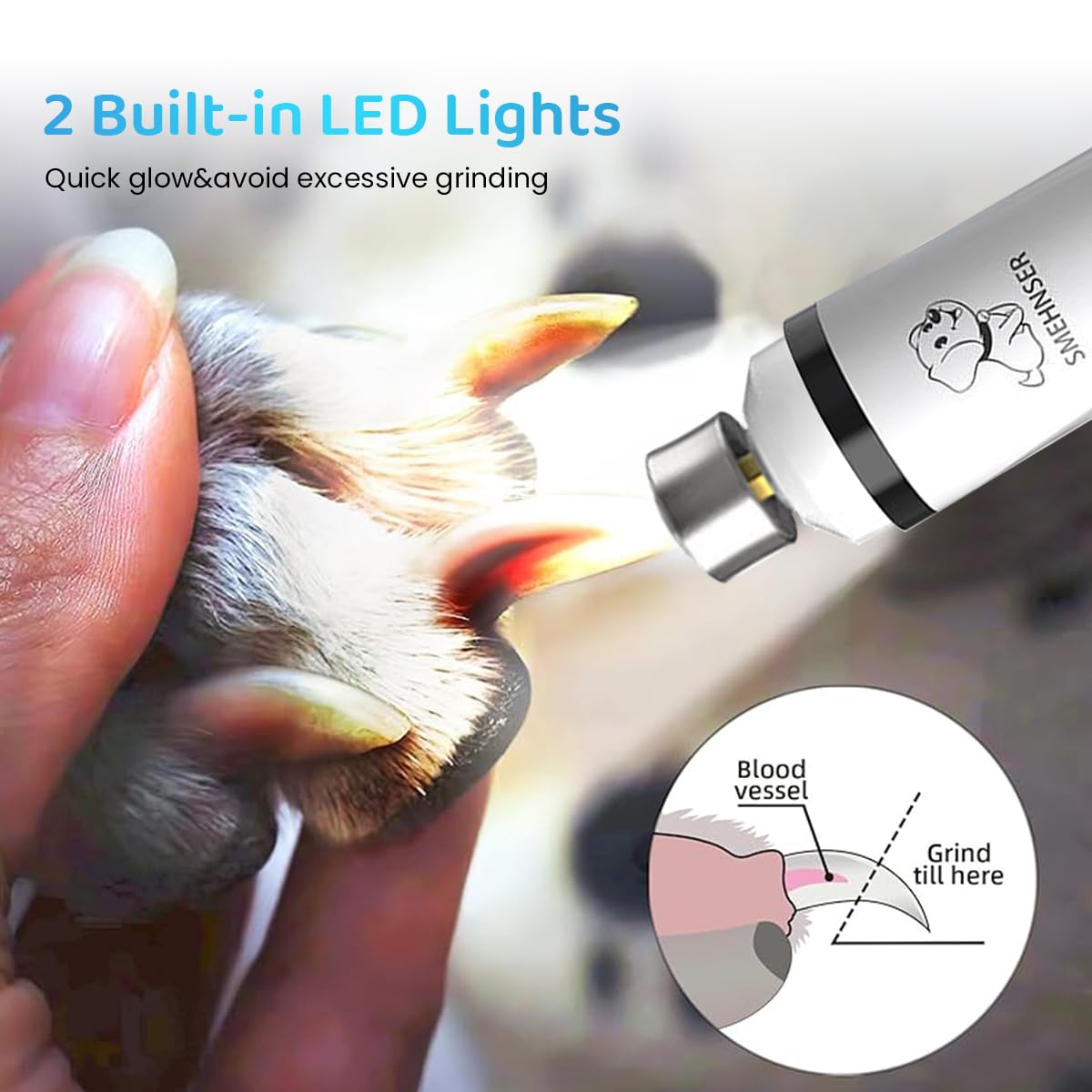 Qpets Electric Dog Nail Grinder with 3 Speed Modes and Dual LED Lights for Cats and Dogs
