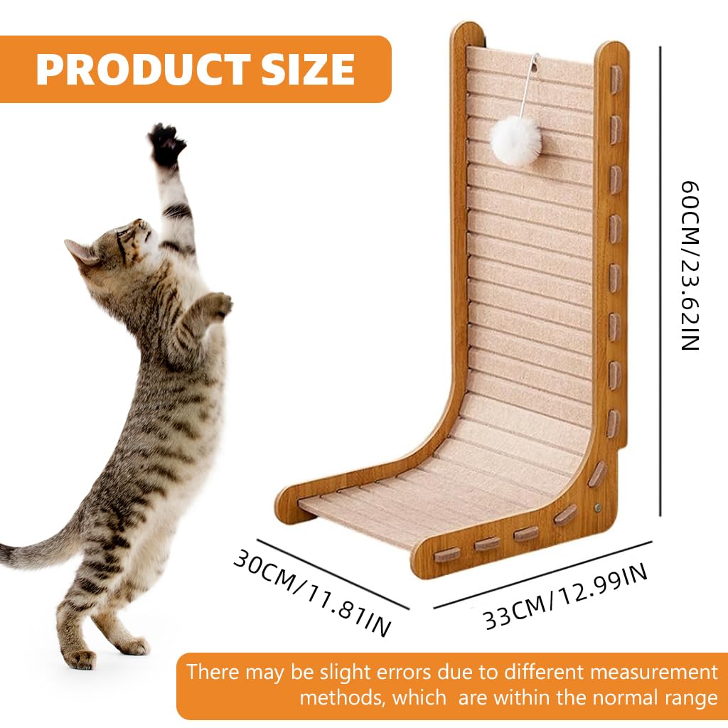 Qpets Cat Scratch Post for Furniture Protection with L Shaped Wooden Frame 30x33x60cm | Felt Surface and Plush Teasing Ball