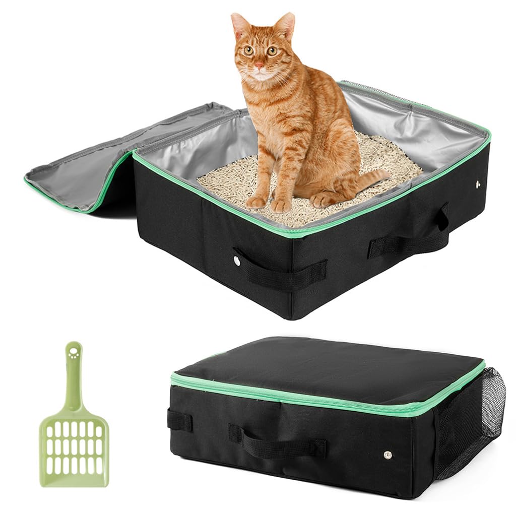 Qpets Portable Cat Litter Box for Travel with Foldable Design and Waste Shovel 40x30x13cm