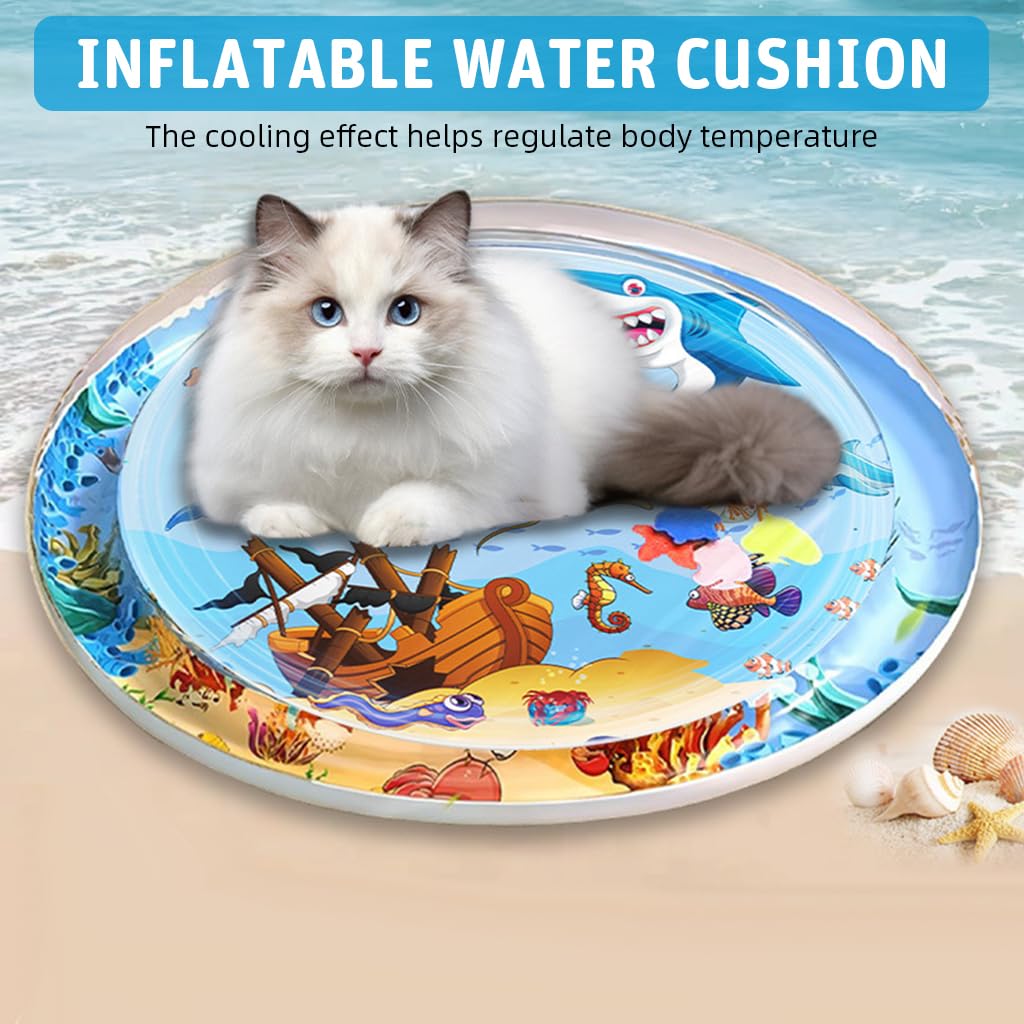 Qpets Cat Water Bed Mat for Summer Cooling with 39.37 in Spacious Design and Air Pump | Anti-Scratch PVC Featuring Built-in Fish Ornaments