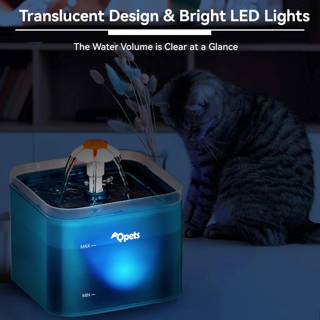 Qpets Cat Water Fountain 2.2L with LED Light and 4 Filters for Cats and Dogs | Triple Filtration System