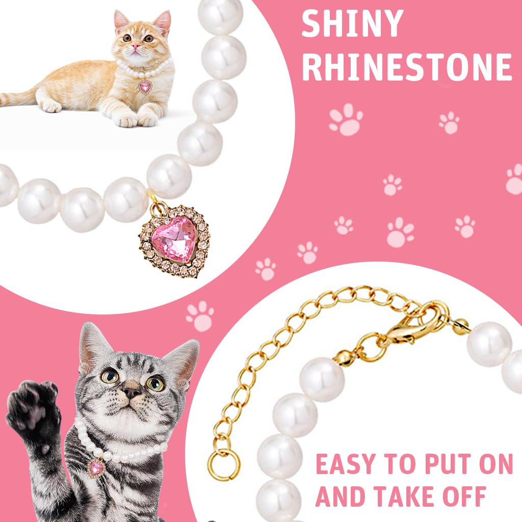 Qpets Jewelry Cat Collar for Photoshoots featuring Pink Rhinestone Heart Charm & Pearl | Adjustable 30–35 cm Necklace for Cats and Small Dogs