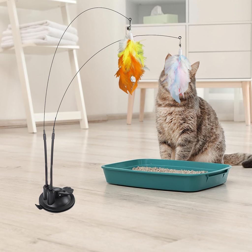 Qpets Cat Feather Toy for Interactive Play with Dual-Wire Wand and Suction Cup Base 2 PCS