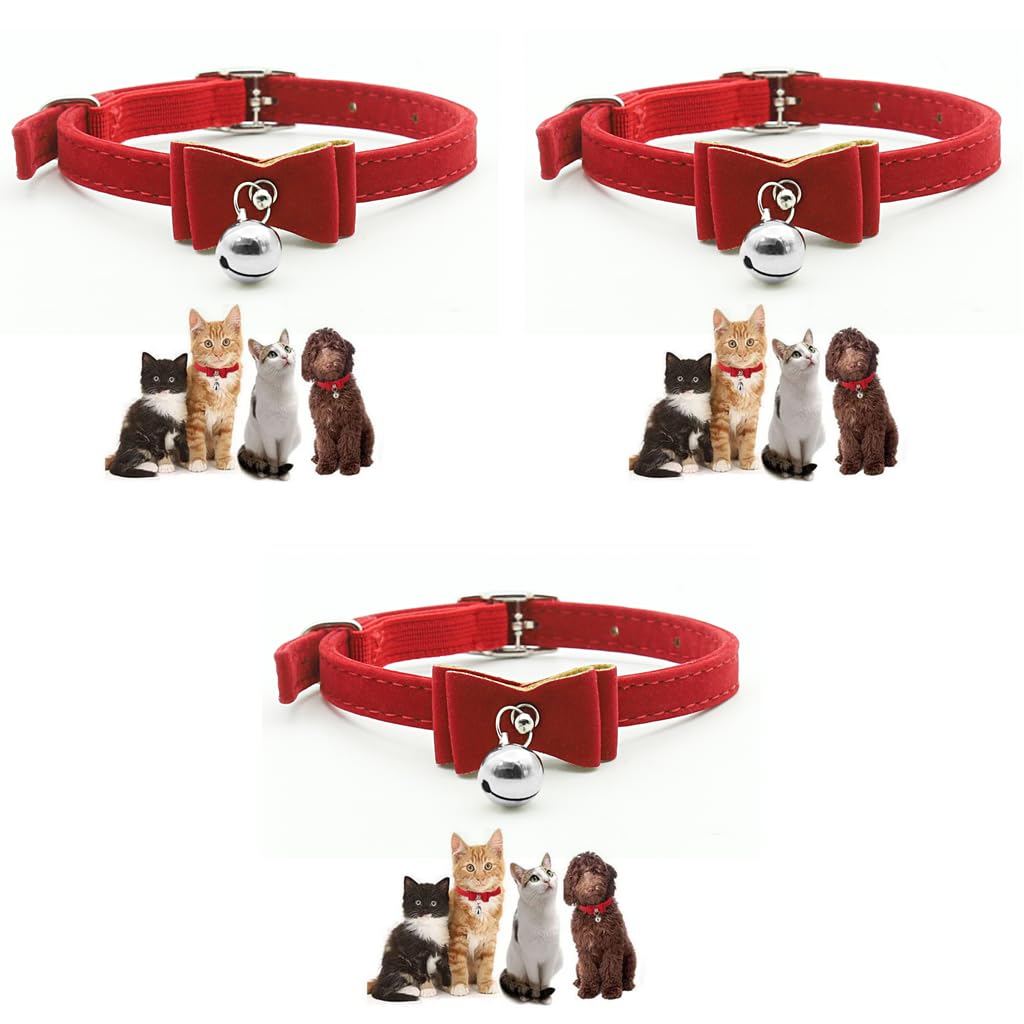 Qpets Cat Collar for Cats featuring 36 cm adjustable length and screw fixed breakaway buckle | Soft velvet with bell set of 3