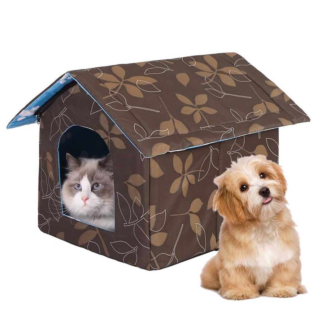 Qpets Cat House for Indoor and Outdoor Use with Waterproof Roof and 45x43x40 cm Space | Washable DIY Assembly Pet Shelter