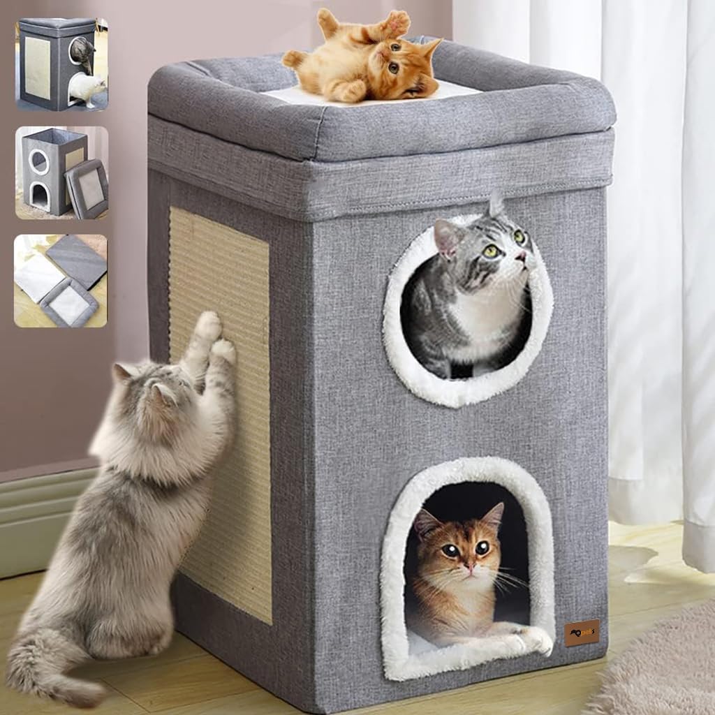 Qpets Cat House for Indoor Cats with 3-Layer Vertical Design and Scratch Board | 39x39x64 cm Cozy Cotton Bed