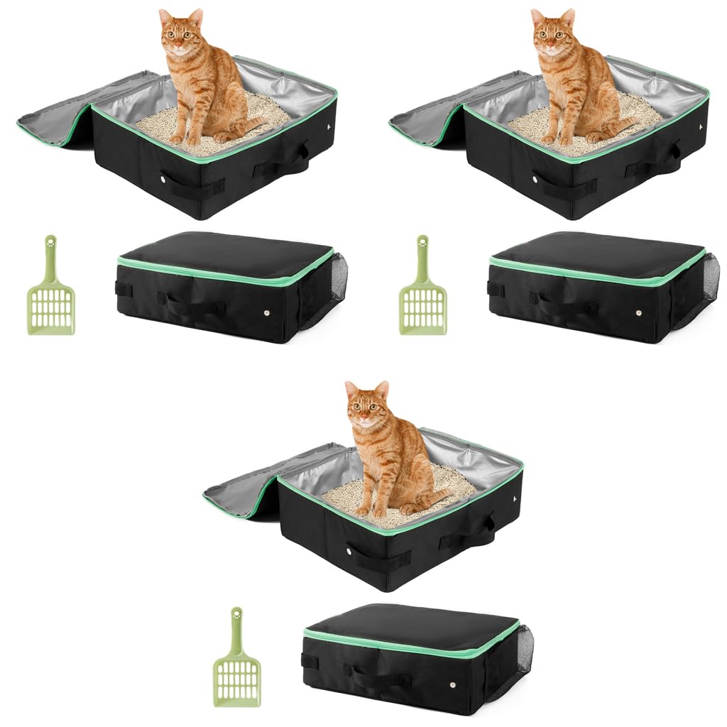 Qpets Portable Cat Litter Box for Travel featuring Foldable Design and Waterproof Oxford Cloth 40x30x13cm | Includes Waste Shovel 3 PCS