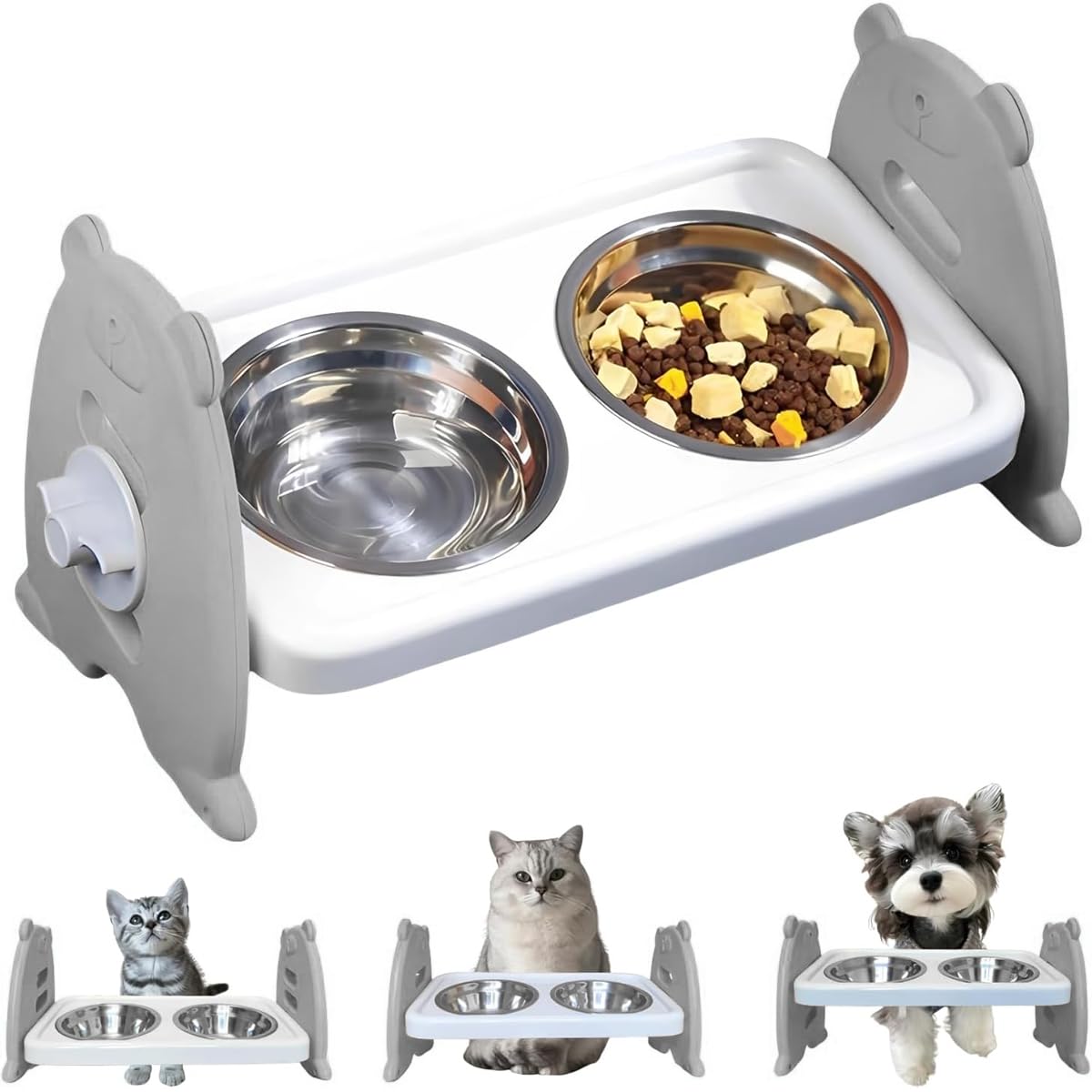 Qpets Dog Food Bowl for Dogs and Cats with Adjustable Height and Detachable Stainless Steel Design