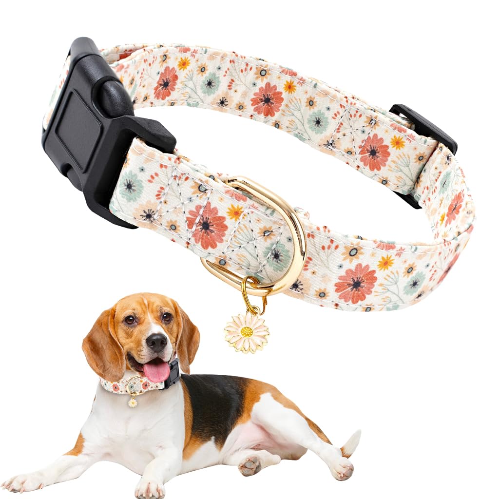 Qpets Floral Dog Collar for Small to Medium Dogs featuring Daisy Pendant Charm and Metal D Ring | Adjustable 32–50cm Soft Fabric