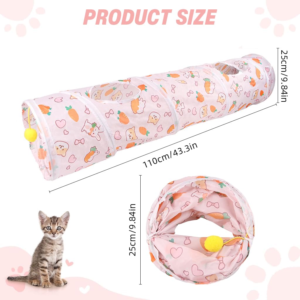 Qpets Cat Play Tunnel Toy with Multi Open Holes and Hanging Plush Ball | 25cm Dia 110cm Long Collapsible Polyester Tube