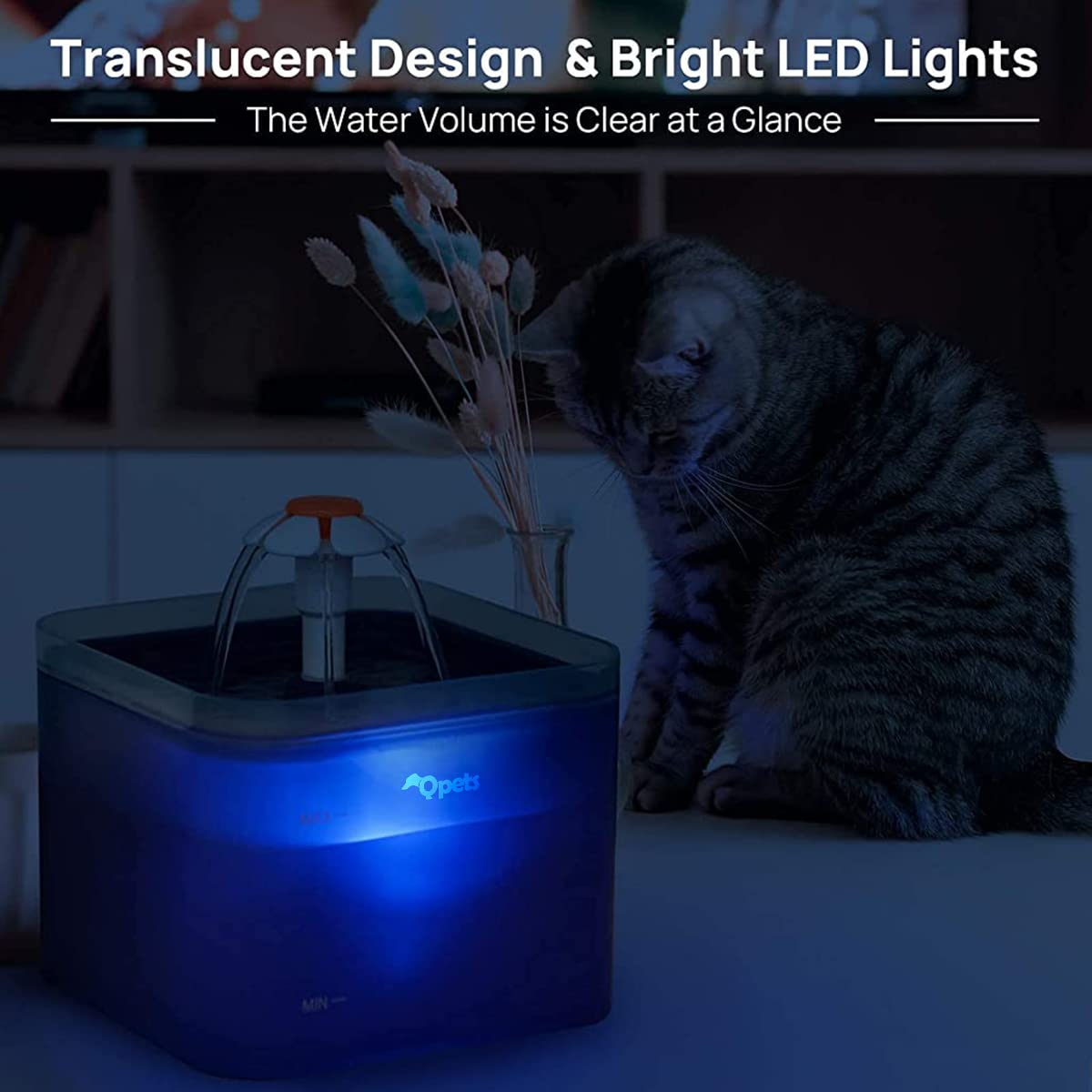 Qpets Cat Water Fountain 2.0L Ultra Quiet with 4 Stage Filtration and LED Light | Blue