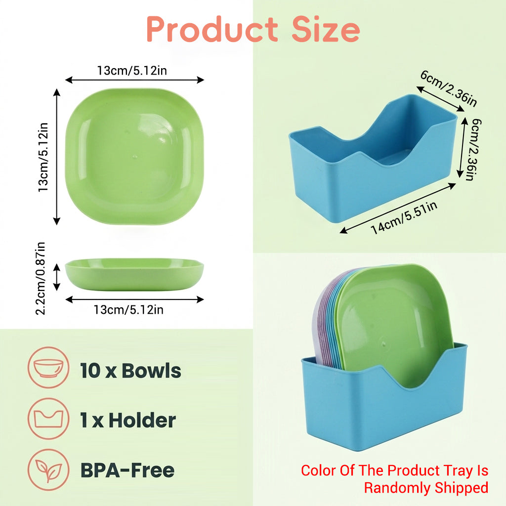 Qpets Whisker-Friendly Cat Bowls, 10-Pack with Holder Tray, Wide Shallow Plastic Dishes