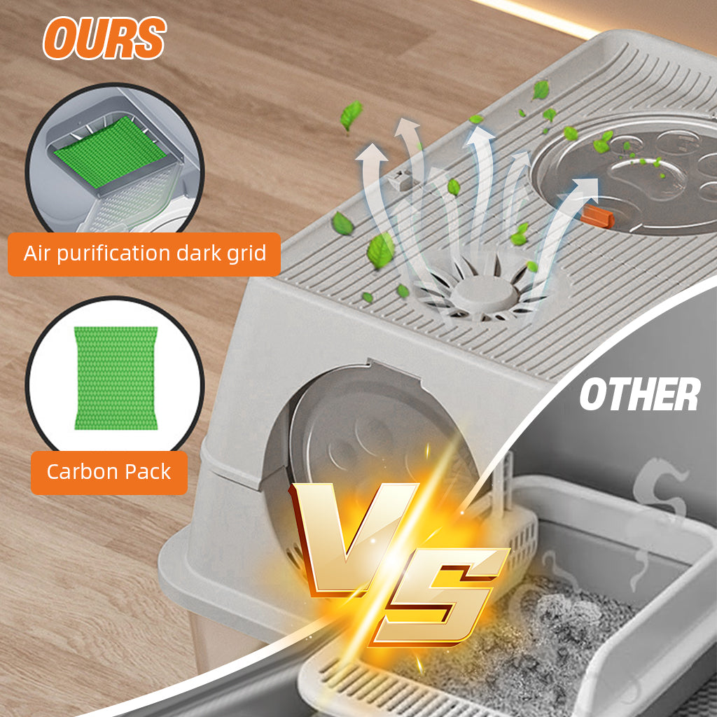 Qpets® Stainless Steel Cat Litter Box Dual Doors Anti-Odor Cat Litter Box with Air Vent Includes Cat Litter Catcher & Cat Litter Scoop Enclosed Cat Litter Box with Flip Up Lid, 40x60x39cm