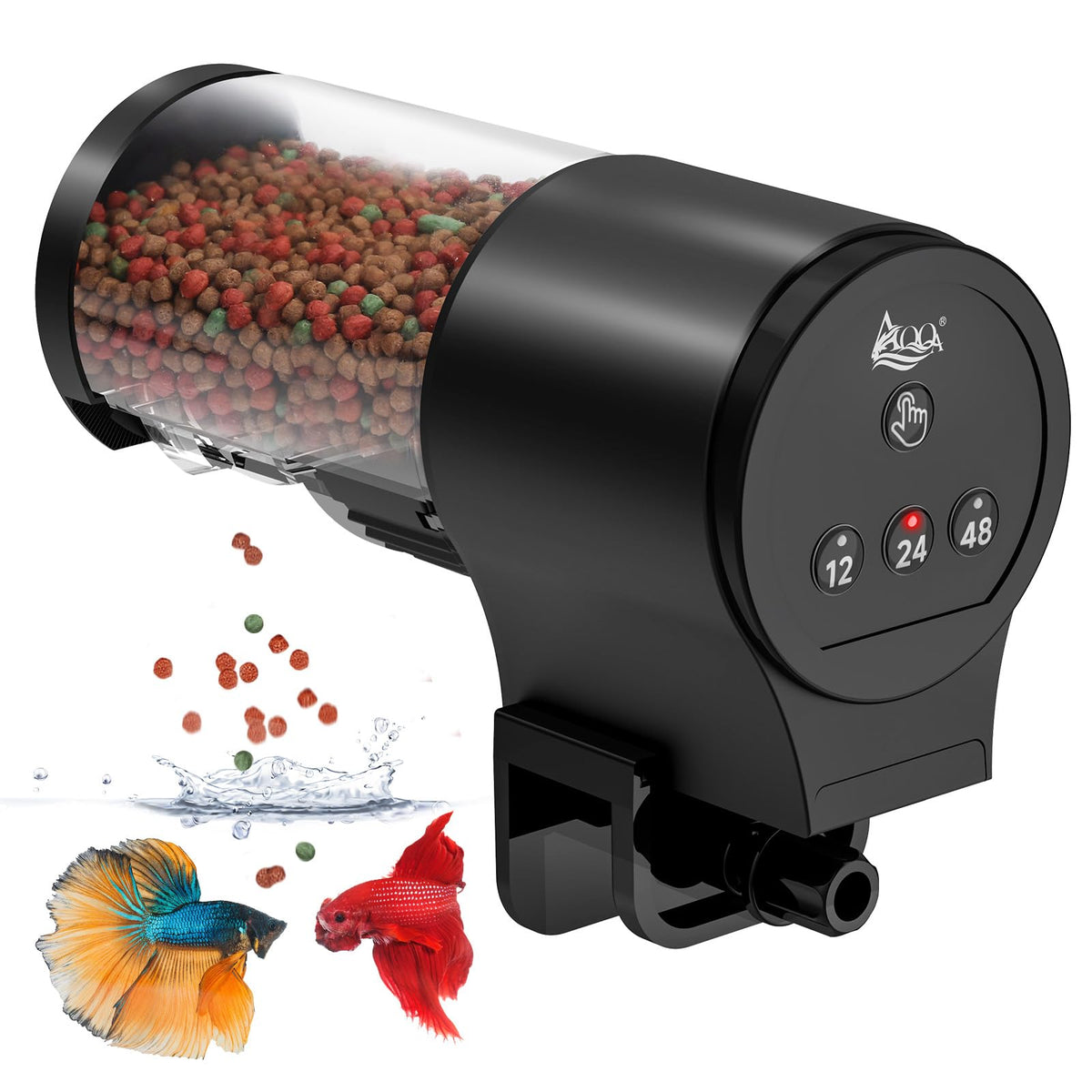 Qpets® Automatic Fish Feeder 110ml Electric Programmable Fish Feeding Timer, Adjustable 12/24/48 Hour Auto Pet Feeder with 6 Portion Control Settings, Battery Operated Food Dispenser with Clamp Mount