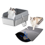 Qpets Cat Litter Combo with Double Layer 40x60cm Mat and Stainless Steel Box | Easy Clean