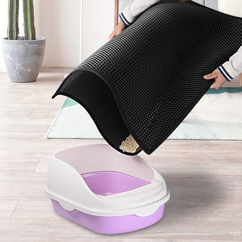Qpets® Cat Litter Mat Litter Box Honeycomb Double Layer Tray Waterproof EVA Material Durable Washable Play Easy Clean Filter Any Sand Black 45 x 60CM 3PCS