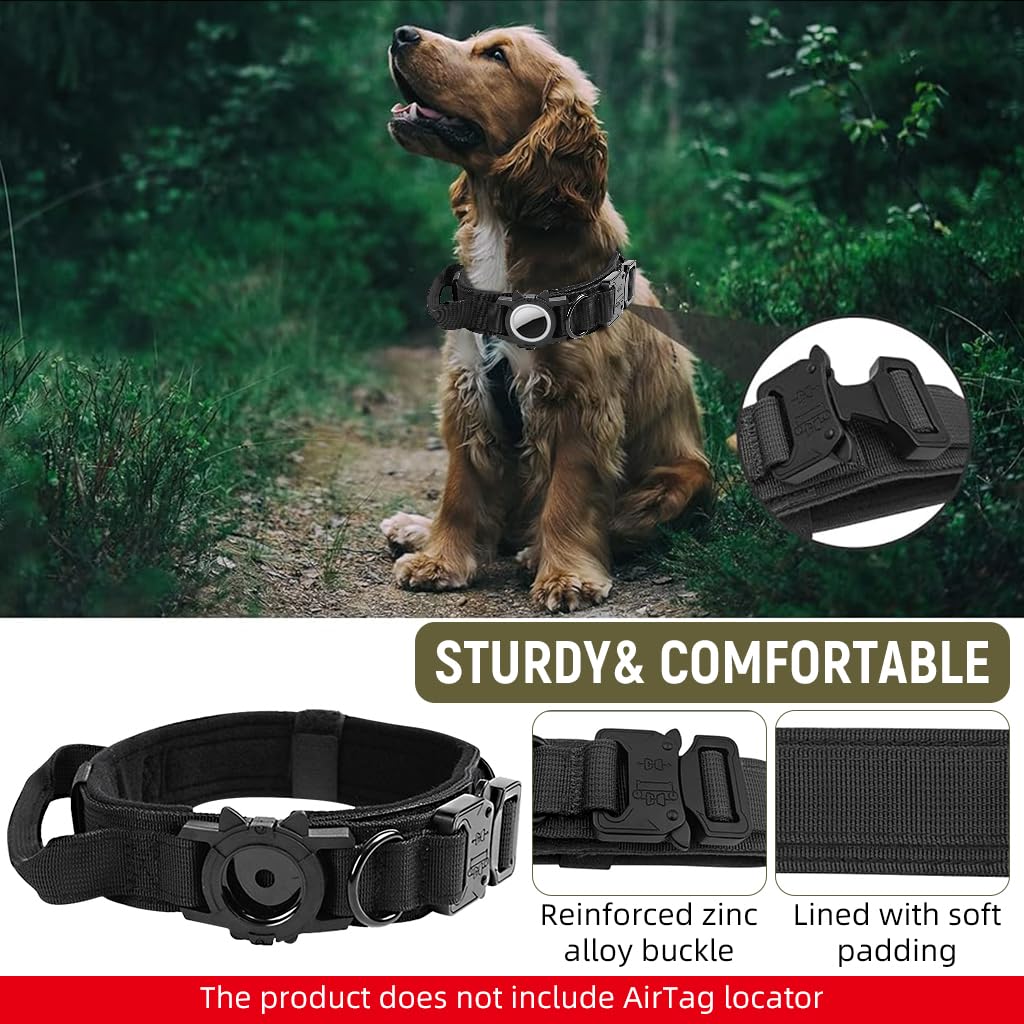 Qpets Tactical Dog Collar with AirTag Holder for Large Dogs 42‑52cm featuring Handle & D Ring