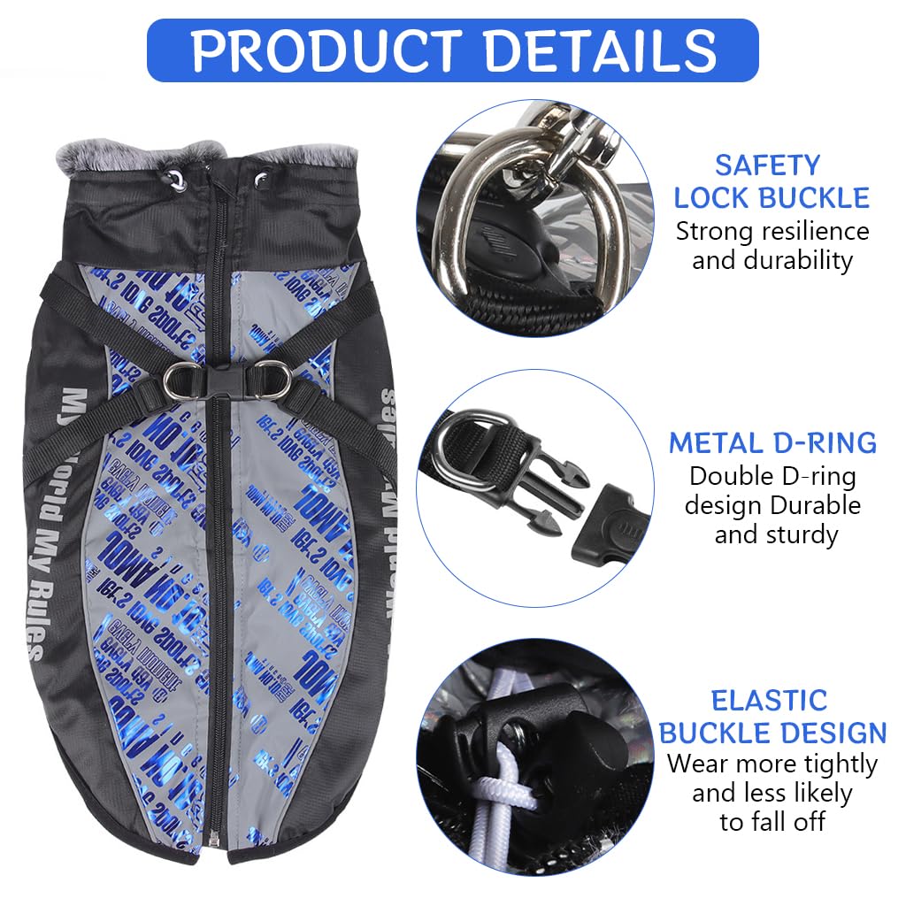 Qpets Dog Coat for Large Dogs with Dual D Ring Leash Attachment and Plush Collar | Waterproof Oxford Warm Jacket 58 cm Neck