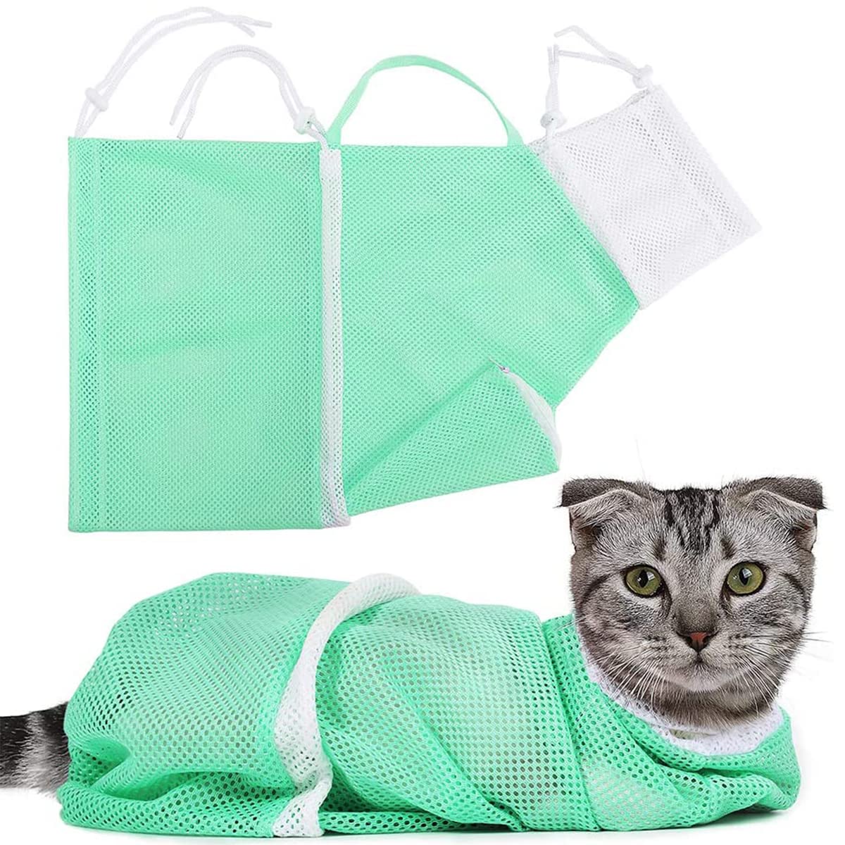 Qpets Cat Bathing Bag for Grooming and Medicine Use with 3 Drawstrings Mesh Green | Safe Restraint