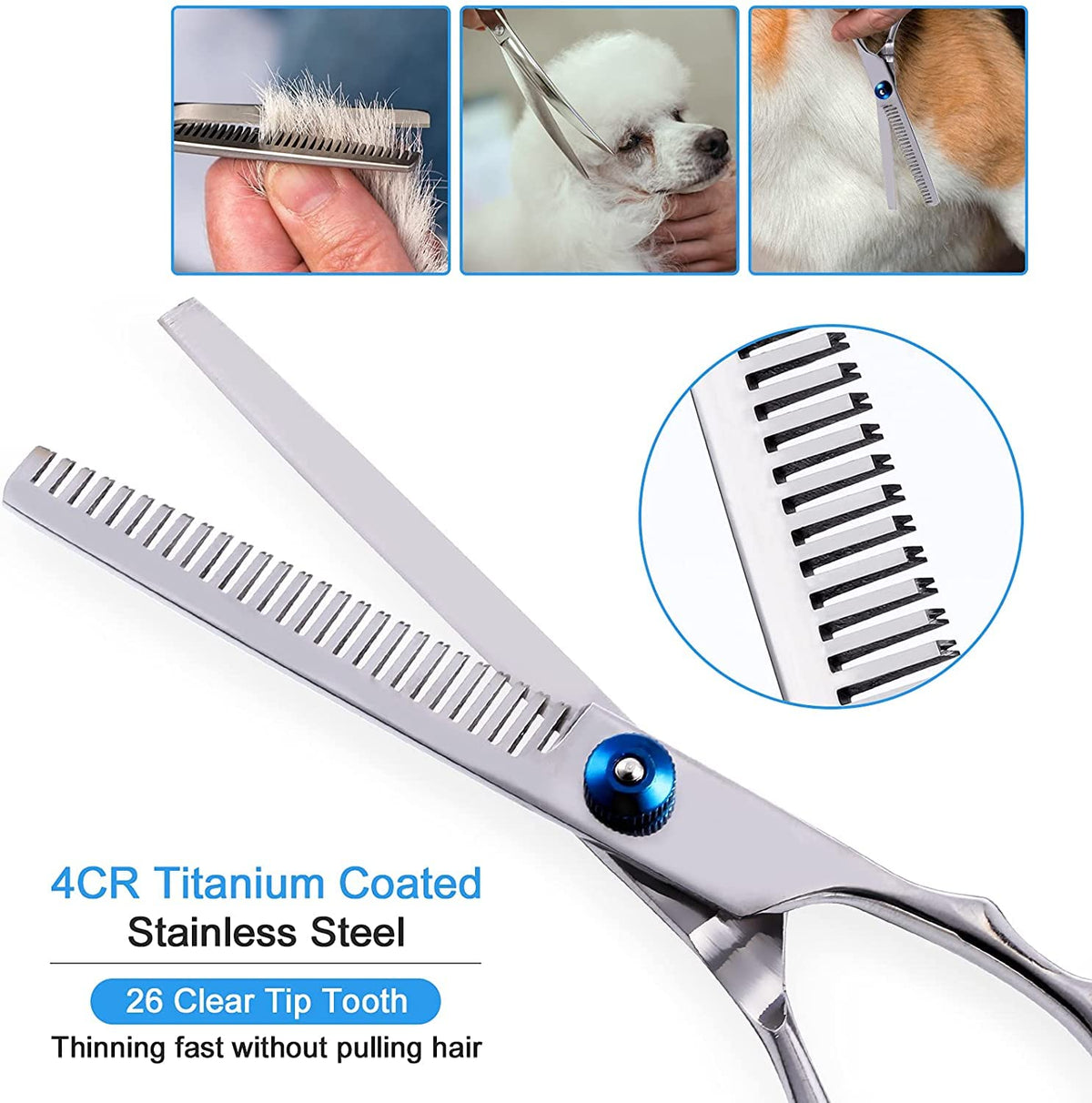 Qpets® Dog Grooming Scissors Kit with Safety Round Tips Stainless Steel Professional Dog Hair Cutting Scissors - Thinning, Straight, Curved Shears and Comb for Long Short Hair for Dog Cats(3 PCS)