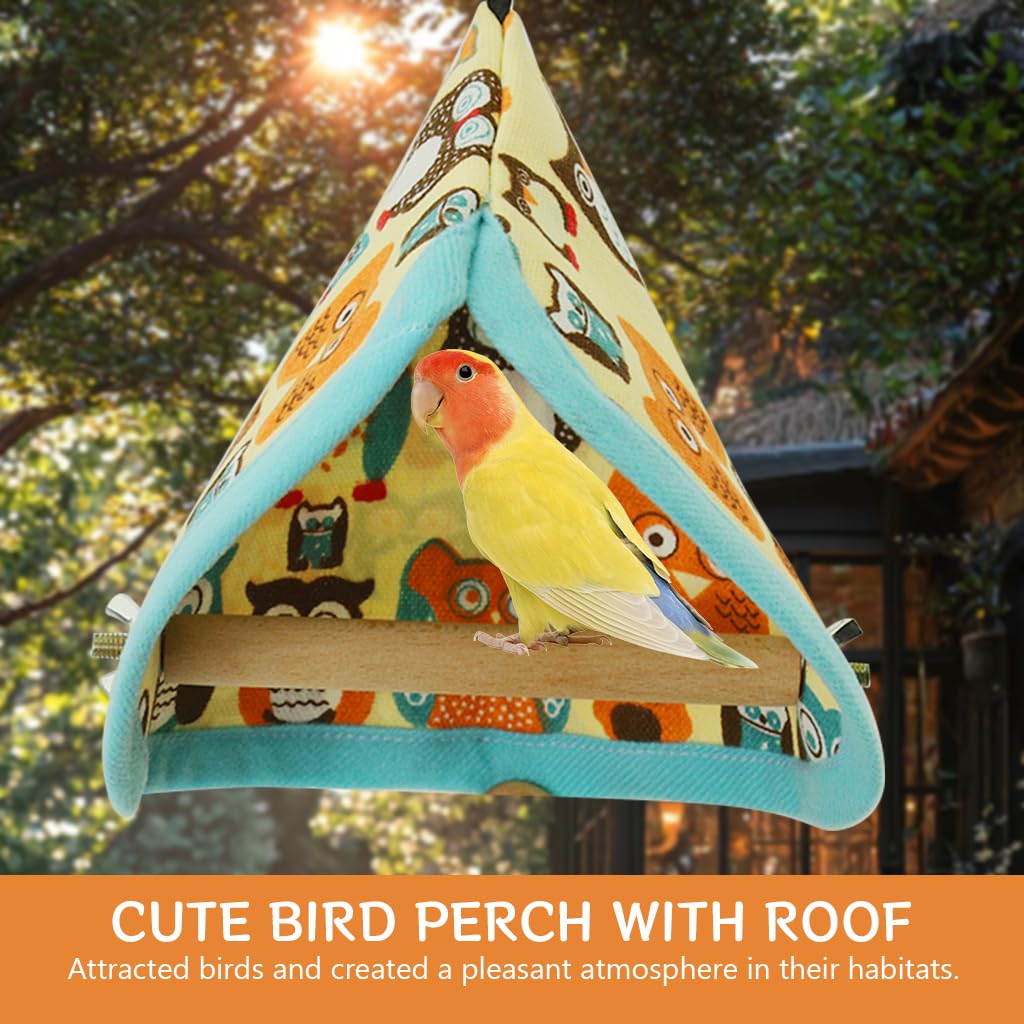 Qpets Bird Perch for Cage with 13x20cm Wooden Stick and Triangle Roof Hut | Hanging Swing Hide Cave
