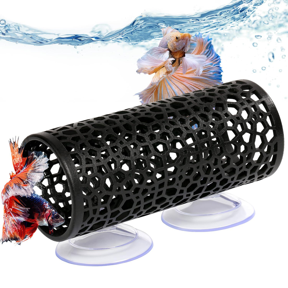 Qpets® Betta Fish Tunnel Hideout with Suction Cup Mount, ABS Aquarium Fish Hiding Tube Cave, Honeycomb Perforated Betta Rest Tunnel, Fish Tank Accessory for Bettas, Small Fish & Decoration, 10x4cm