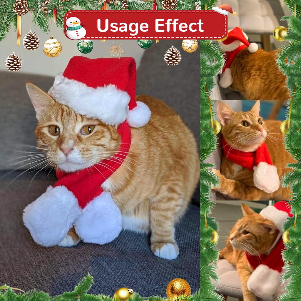Qpets Christmas Cat Costume Set with Adjustable Drawstring Hat and Scarf for Holiday Photos | Neck 32 cm
