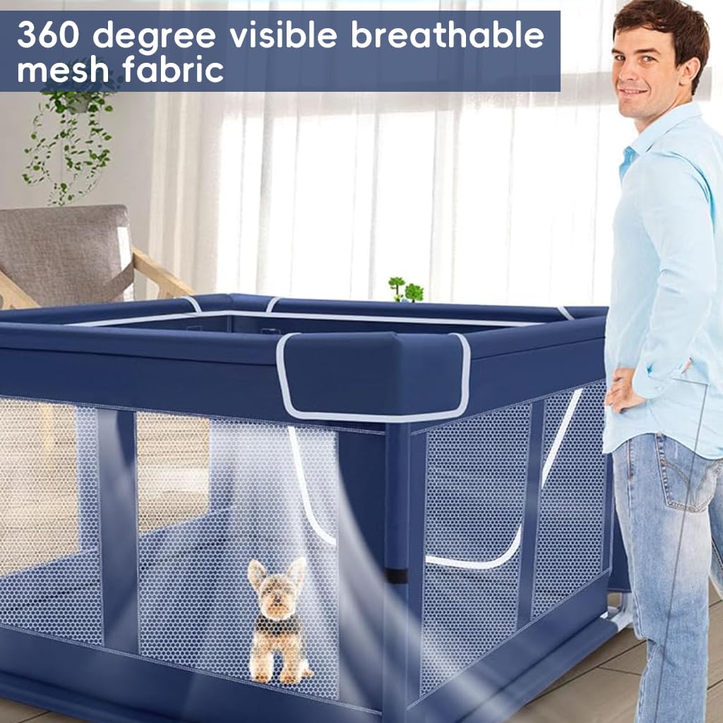 Qpets Playpen for Dogs with Zip Around Gate and Clear Mesh | 107x107x66cm Indoor Pet House
