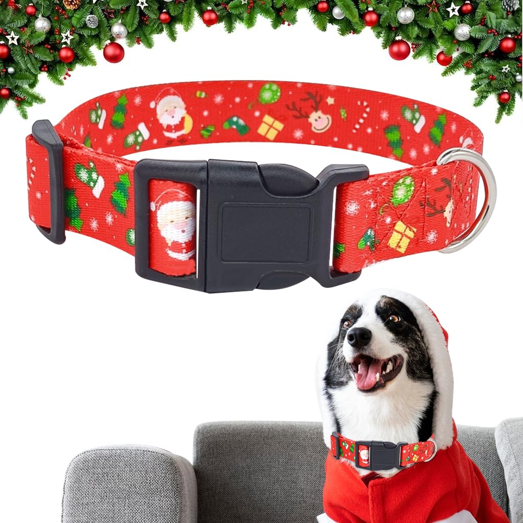 Qpets Christmas Dog Collar for Festive Dress Up with Quick Release Buckle and Metal D Ring | Adjustable 35–55 cm Red Polyester