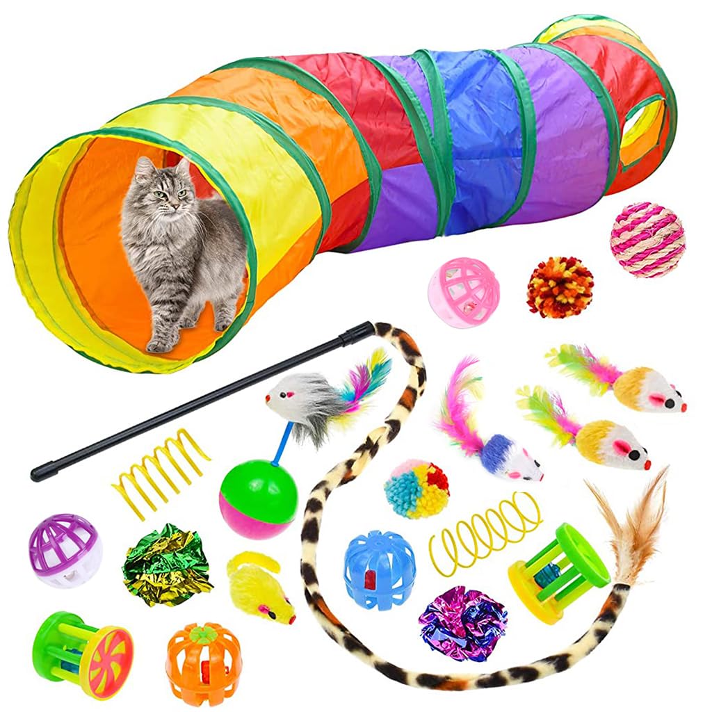 Qpets Cat Toy Set for Indoor Play with Tunnel and Teaser Wand | 20 pcs Non Toxic Toys