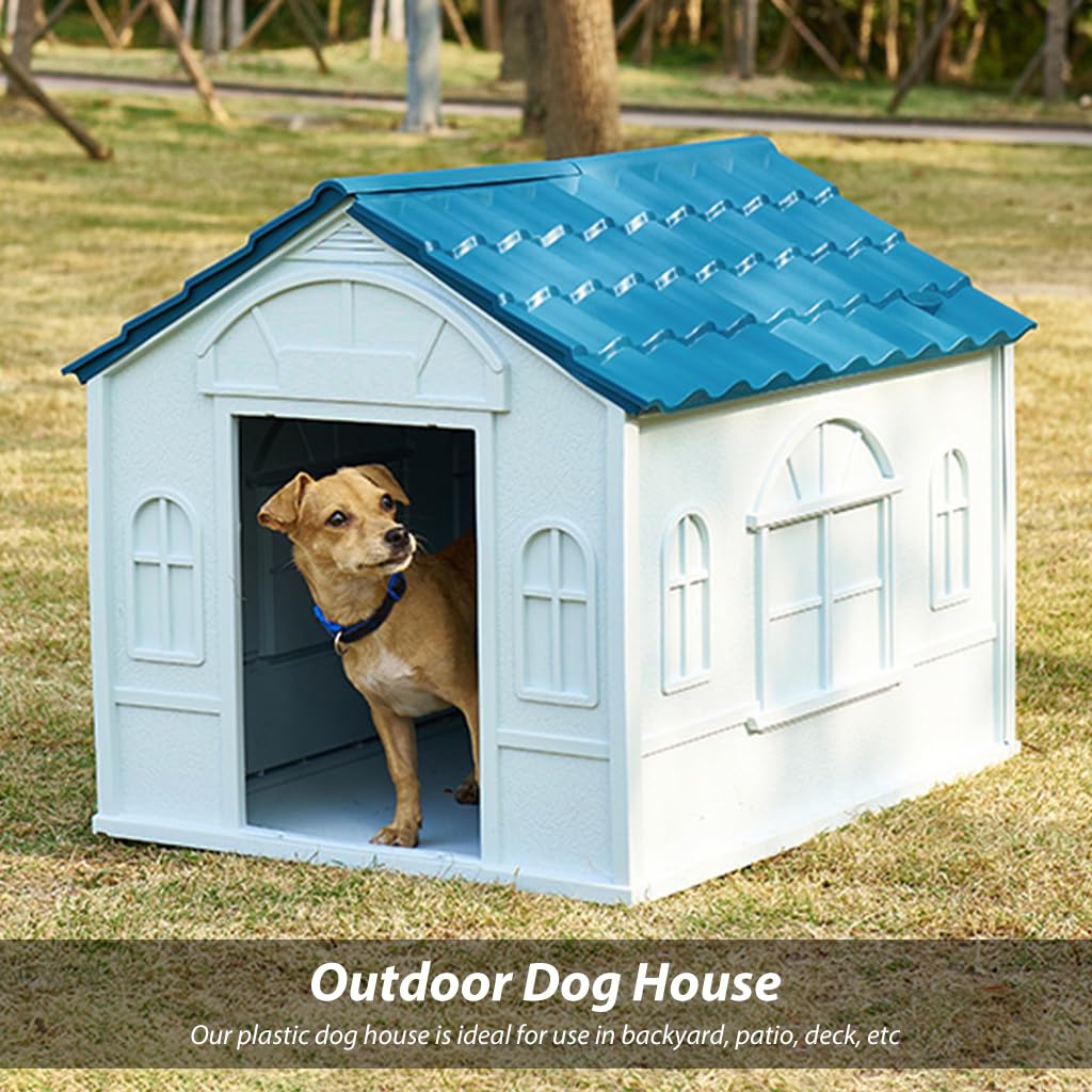 Qpets® Outdoor Dog House No Door Rainproof Plastic Dog Hut Countryside Hut Style Dog House Backyard Dog House DIY Assembly Dog House, 65x75x63cm