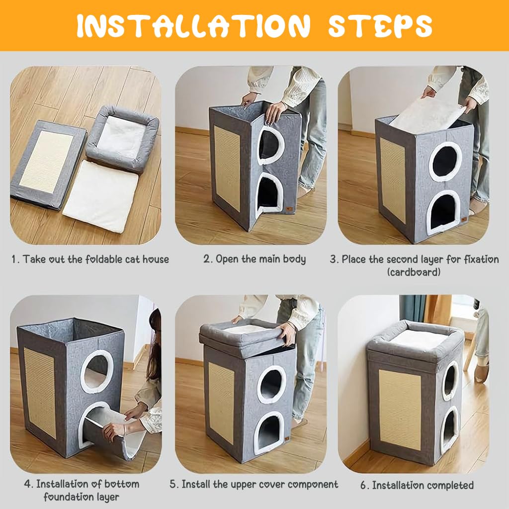 Qpets Cat House for Indoor Cats with 3-Layer Vertical Design and Scratch Board | 39x39x64 cm Cozy Cotton Bed