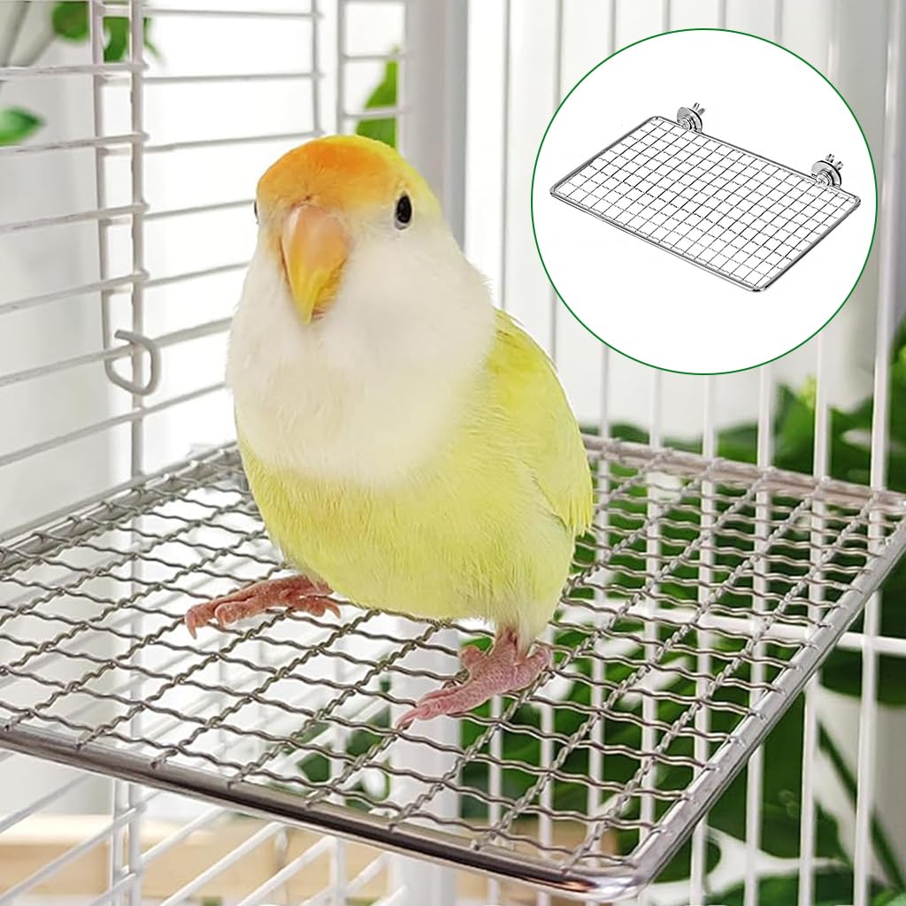 Qpets Mesh Wire Bird Perch for Cage 20x15cm with Flexible Screw Fixing and Stainless Steel Platform