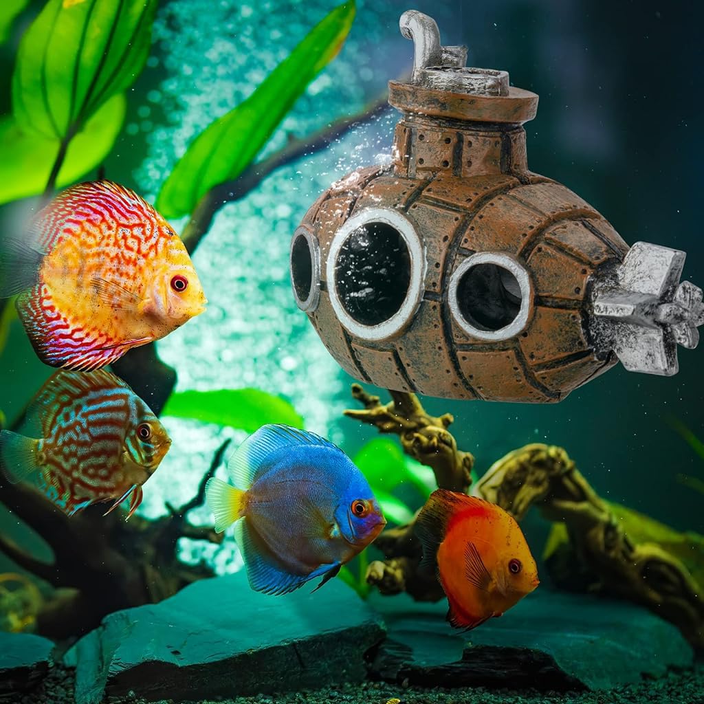 Qpets Aquarium Decoration for Fish Tanks featuring 13x8x5.5 cm Resin Submarine Hideout | Floating Cartoon Design