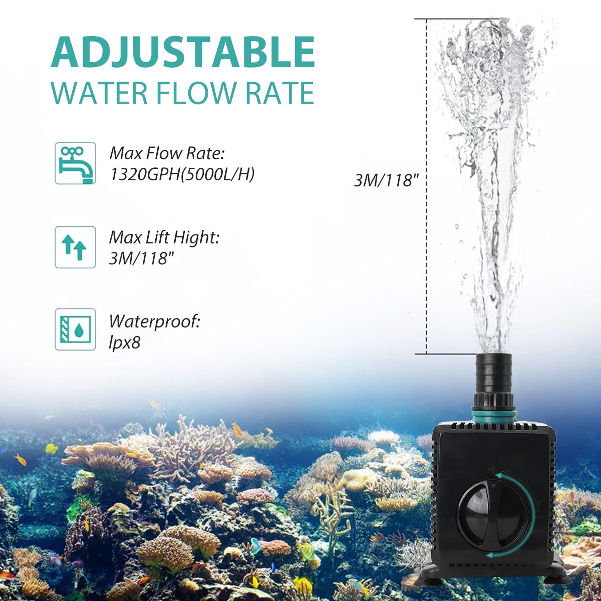 Qpets Submersible Water Pump for Aquarium and Pond with 70W 5000L/H Power | Bottom Suction Cups