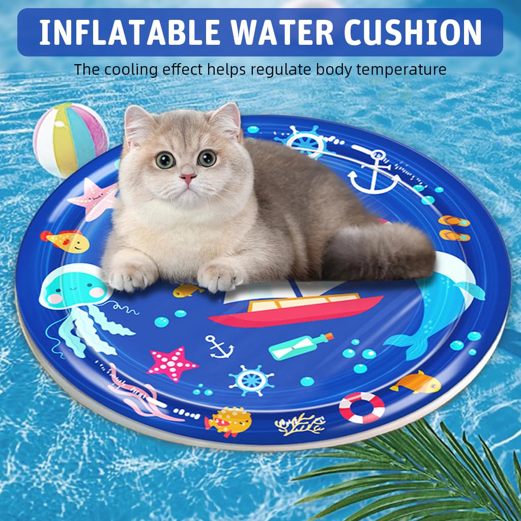 Qpets Inflatable Pet Cooling Water Pad 25.6 in for Dogs and Cats with Air Pump | Blue PVC Mat