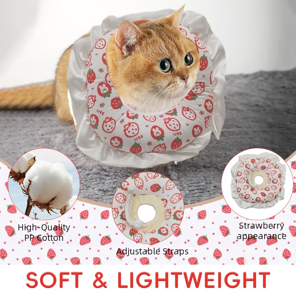 Qpets Cat Recovery Collar for Post Surgery Comfort with Adjustable Cotton Drawstring featuring Sweet Strawberry Design | Fits 12–25 cm Necks