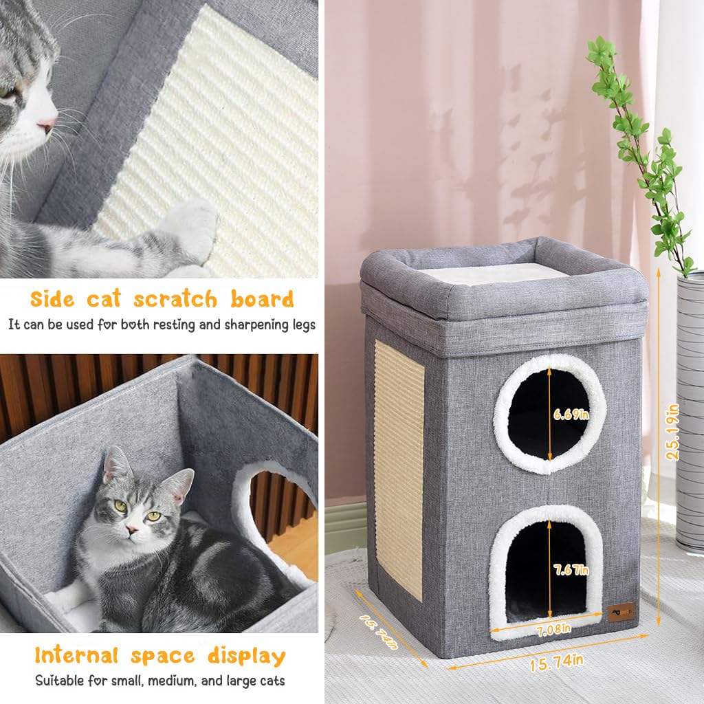 Qpets Cat House for Indoor Cats with 3-Layer Vertical Design and Scratch Board | 39x39x64 cm Cozy Cotton Bed