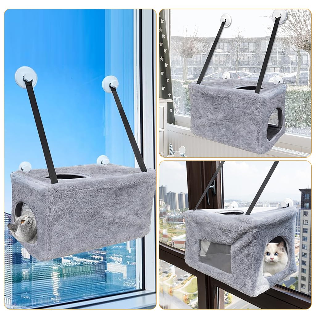 Qpets Cat Hanging Bed for Windows featuring Dual Hole Access and 4 Suction Cups | 31x50x28cm Plush Cat House