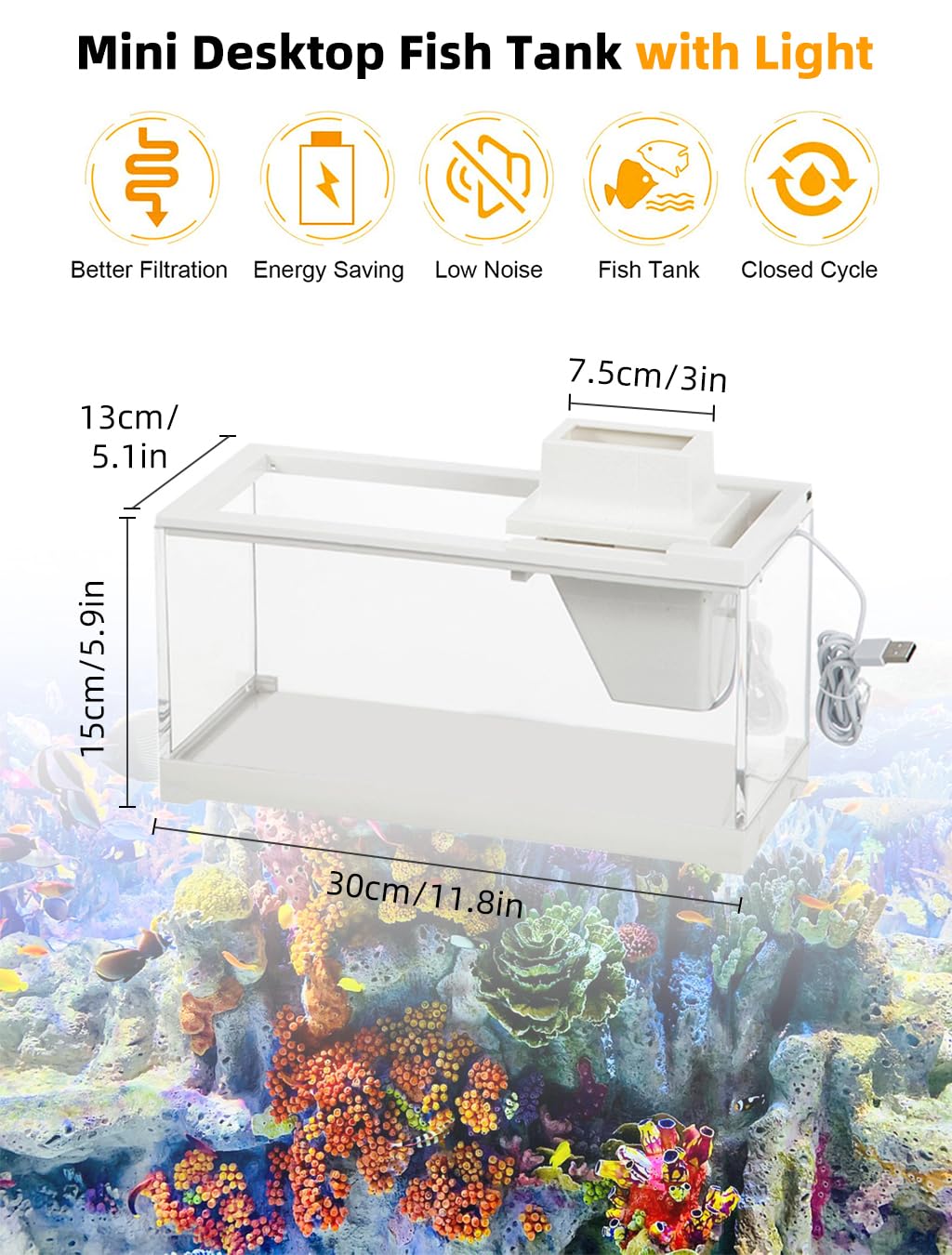 Qpets Mini Betta Fish Tank for Home or Office Decor with LED Lighting and Filtration | Clear Acrylic 30×13×15 cm