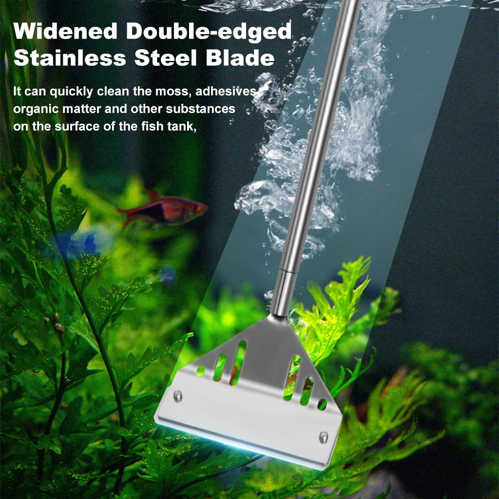 Qpets Aquarium Cleaning Tool with 16.5 in Stainless Steel Handle and 3 Attachments | Includes 10 Scraper Blades